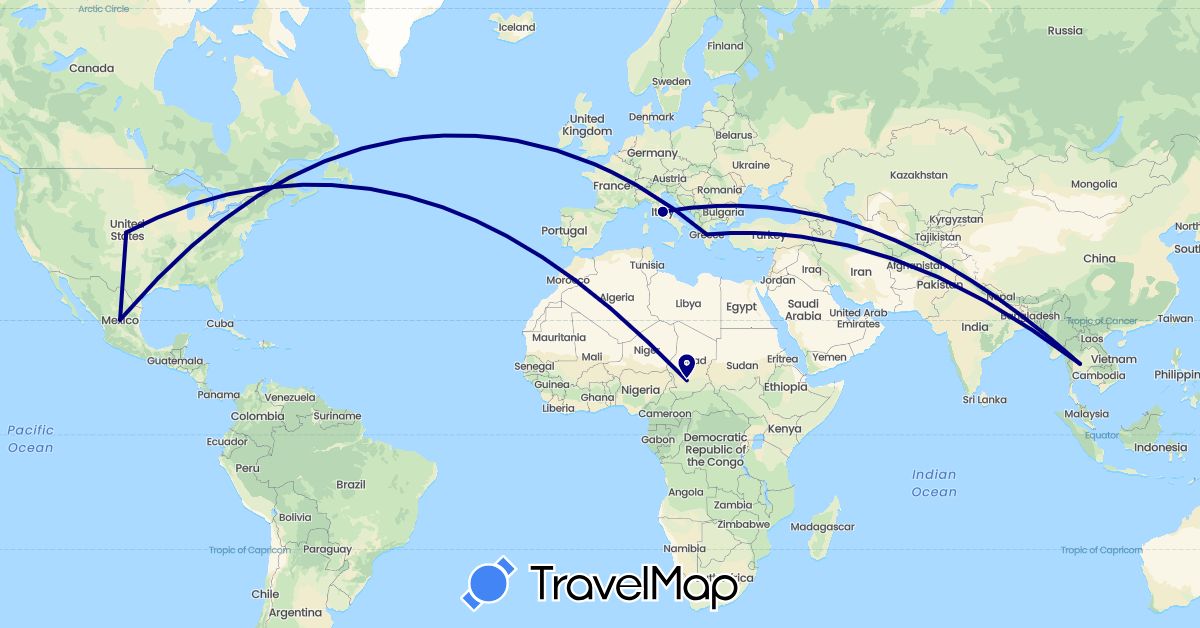 TravelMap itinerary: driving in Greece, Italy, Mexico, Thailand, United States (Asia, Europe, North America)